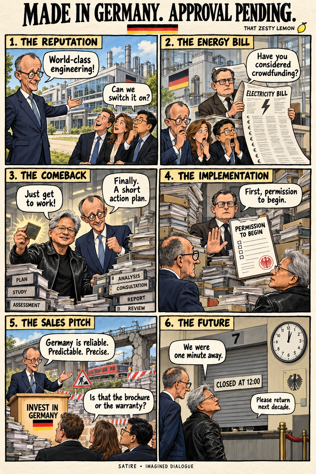 Sechsteiliger satirischer Comic: Merz und Jensen Huang scheitern beim deutschen Comeback an Stromrechnungen, Formularen und einem geschlossenen Schalter.