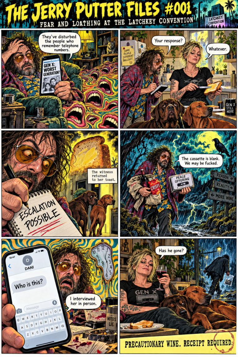 English six-panel satirical comic: Jerry Putter panics about Gen X while Dani butters toast, with Eazy and Hazel.