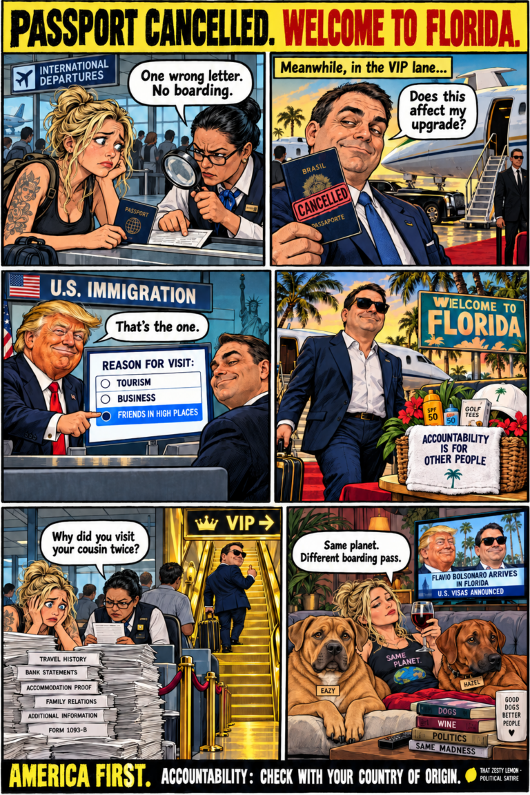 English political satire comic: Flávio Bolsonaro receives VIP treatment in Florida while Dani faces travel paperwork, with light brown Eazy and reddish Hazel.