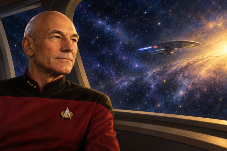 Memorial illustration of Patrick Stewart as Jean-Luc Picard looking toward the Enterprise and a golden starfield.
