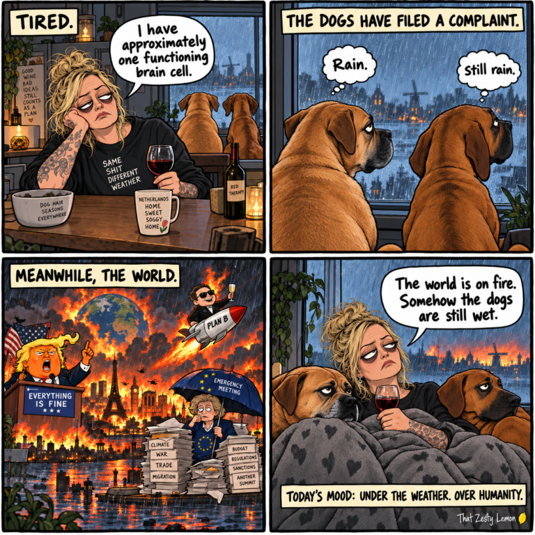 Four-panel cartoon: exhausted Dani and Eazy and Hazel watch relentless rain while politicians preside over a world on fire. Today’s mood: under the weather, over humanity.