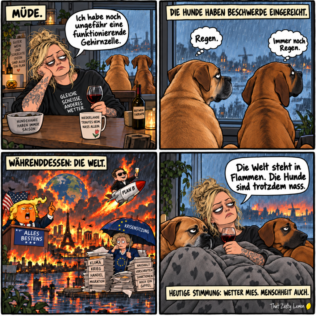 Vier Panels: Die erschöpfte Dani und Eazy und Hazel beobachten den Dauerregen, während Politiker eine brennende Welt verwalten. Heutige Stimmung: Wetter mies. Menschheit auch.